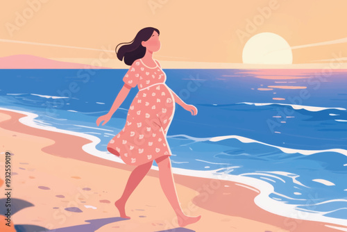 Pregnant Woman Walking on the Beach Illustration Creative Design Template 