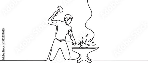 One continuous line drawing of blacksmith working activity.one line vector illustration with white background