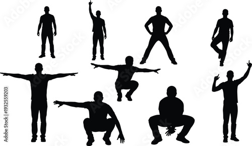 Silhouettes of person in various standing and squatting poses, vector illustration showing human posture, gesture, movement, and physical activity