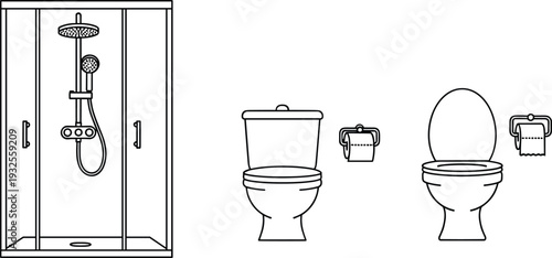 Black and white vector line art icons set of bathroom fixtures including a shower stall toilets toilet paper and hanging towels for interior design
