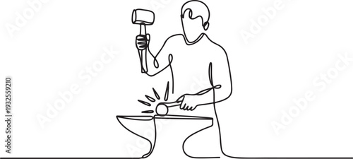 One continuous line drawing of blacksmith working activity.one line vector illustration with white background