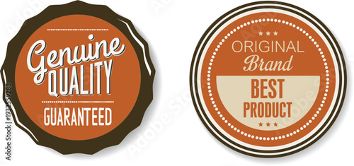 Two orange and brown product quality guarantee labels