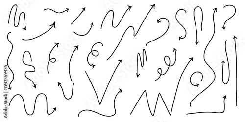Set of arrows of various shapes and directions. Downward, upward, sideways and diagonal movements. Ink hand drawn arrow icons: zigzag, wave, curl and straight. Vector element