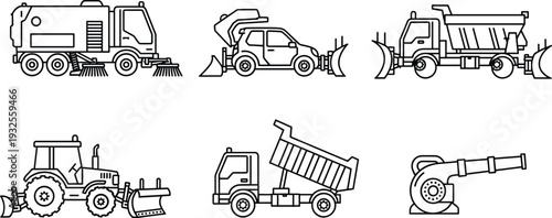 Black and white vector line icon set of municipal service vehicles including snow plow trucks street sweeper tractor and industrial salt spreader for winter maintenance.
