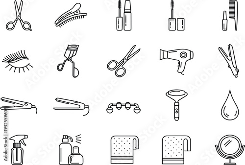 Black and white vector line icons set of hair styling tools including scissors dryer straightener and makeup accessories for beauty salon design projects