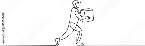 One continuous line drawing of package delivery person activity vector illustration.one line vector illustration with white background