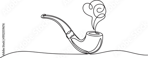 One continuous line drawing smoking pipe with smoke. Vintage tobacco pipe isolated.one line vector illustration with white background