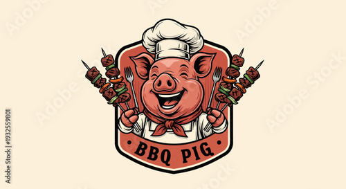 Happy Chef Pig Mascot Holding BBQ Skewers for a Delicious Meal.