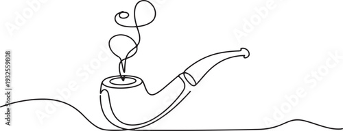 One continuous line drawing smoking pipe with smoke. Vintage tobacco pipe isolated.one line vector illustration with white background