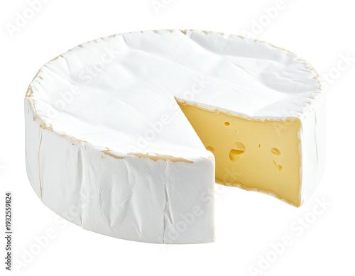 A round, creamy cheese wheel with a white rind, a slice removed