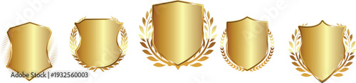 A row of golden shields and laurel wreaths on a white background