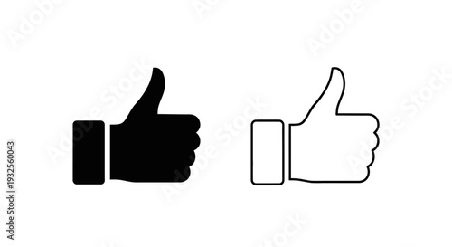Set of 2 Thumbs Up Icons Vector: Black Solid and Outline Design for Social Media, Approval, Like, and Positive Feedback