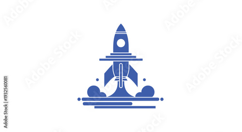 Blue Rocket Launching into Space with Smoke and Flames.