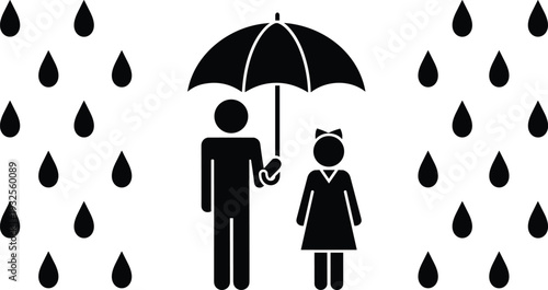  Black and white illustration of guardian holding umbrella protecting child from rain, symbolizing care, shelter, safety, family love, and protection in adverse weather conditions.