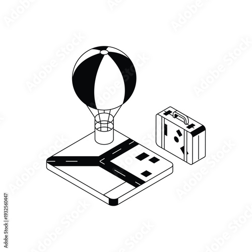 Isometric Hot Air Balloon Adventure with Travel Suitcase.