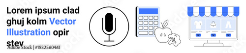 Online shopping, voice recognition, education, business tools, health tracking, e-commerce. ions of a microphone, a calculator an apple and an online store interface. Voice recognition and online