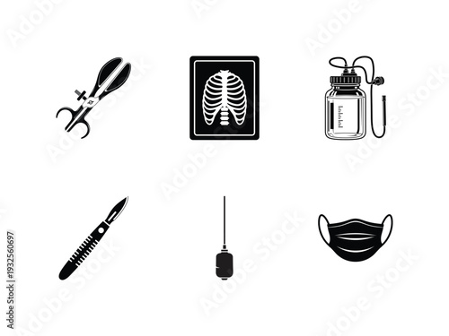 Medical icons set including stethoscope, xray, equipment, scalpel, and mask, ui elements, medical icon set