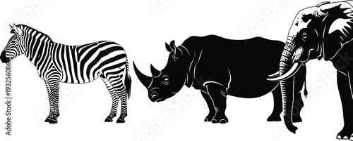 African safari wildlife silhouette set, zebra rhinoceros elephant animal collection, cad drawing flat vector illustration, isolated on white background, 20 words.