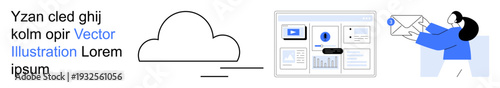 Cloud computing, workflow management, teamwork, email communication, IT infrastructure, innovation. A cloud icon, user interface layout and person sending an email. Cloud computing and workflow