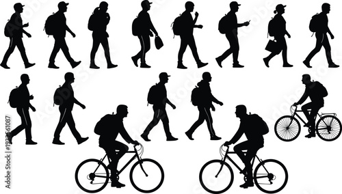 Silhouettes of person walking with backpack transitioning to riding bicycle, vector illustration showing human movement, transportation, posture, activity