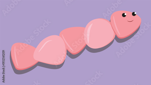 Cute pink worm on purple background. Vector illustration in cartoon style.