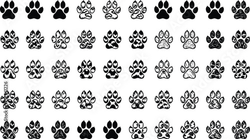 Black Animal Paw Print Silhouette Vector Set With Different Textures And Styles Isolated On White Background For Pet Dog Cat Designs