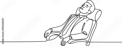 Work Relaxation Web Banner. Vector illustration of a man sleeping on a work chair.one line vector illustration with white background