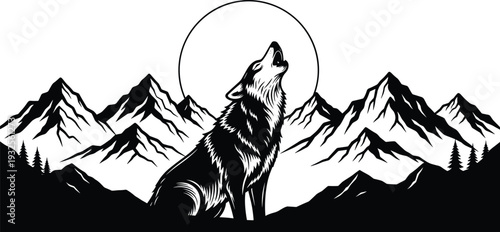 Black and White Wolf Howling at the Moon Silhouette Vector Set with Mountain Range and Forest for Wilderness Nature Design