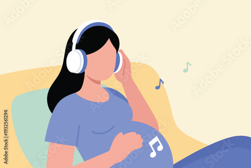 Flat Design Cartoon Vector of a Pregnant Woman Listening to Music With Headset Illustration Creative Design Template 