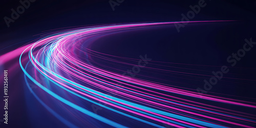 Stunning abstract depiction of a curved pathway of glowing neon pink and blue light streaks, representing advanced data streams, fast internet, and technological innovation.