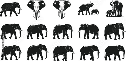 Black Elephant Silhouette Vector Icon Set With African Wildlife Animals Walking And Grazing Isolated On White Background For Nature Logo Designs