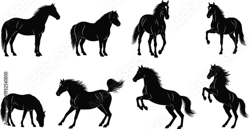 Black horse silhouette vector set, galloping wild mustang icons, stallion running poses, equine motion graphics isolated on white background, horse.