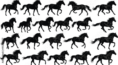 Black horse silhouette vector set, galloping wild mustang icons, stallion running poses, equine motion graphics isolated on white background, horses.