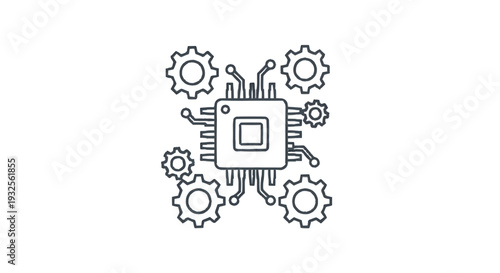 Central Microchip Processor with Surrounding Gears Icon.