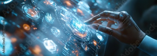 Cybernetic hand reaching to touch a glowing holographic circular interface with blue and orange data visualizations, conveying focused precision and futuristic wonder