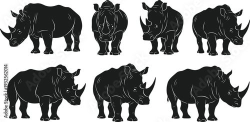 Black rhinoceros silhouette vector set, wild rhino animal icons, African wildlife safari graphics, powerful mammal silhouettes isolated on white background, rhinoceros.