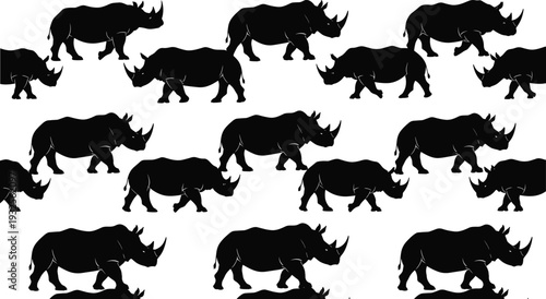 Black rhinoceros silhouette vector set, wild rhino animal icons, African wildlife safari graphics, powerful mammal silhouettes isolated on white background.
