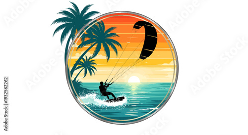 Kitesurfer on ocean waves at sunset with palm trees.