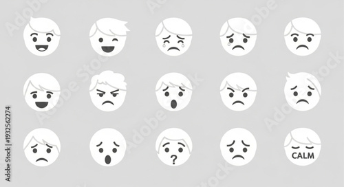 Collection of various facial expressions on white cartoon faces.