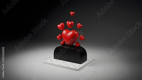 A computer monitor with a heart on the screen and hearts flying out of it in a digital illustration