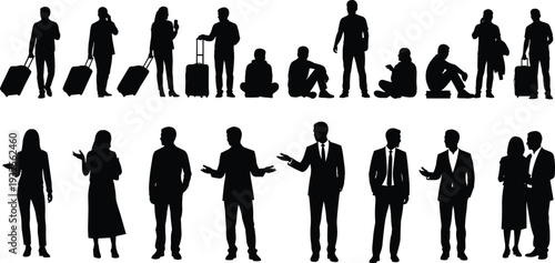 Black and white vector silhouettes of professional people in business suits and travelers with luggage in various standing and sitting poses for design
