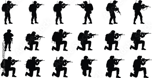 Black and white vector silhouettes of soldiers in combat poses holding rifles and wearing tactical gear for military army and warfare design projects
