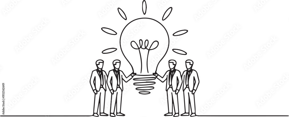 Naklejka premium Business Team Generating Ideas with Light Bulb Concept Line Art