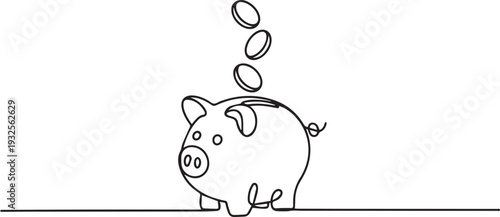 Piggy Bank with Falling Coins Line Art Illustration
