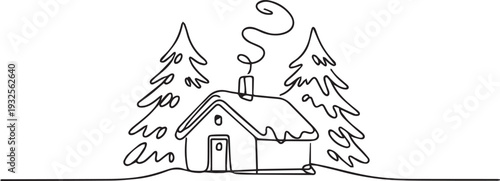 Cozy Winter Cabin in Forest Line Art Illustration