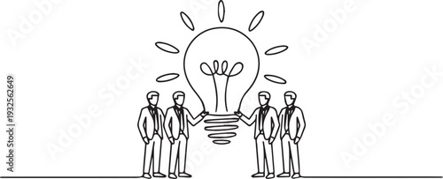 Business Team Generating Ideas with Light Bulb Concept Line Art