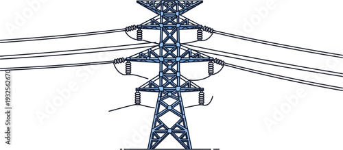 A detailed illustration of a high-voltage electricity transmission tower with multiple power lines against a white background, symbolizing energy infrastructure.