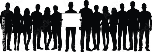 Diverse group of people silhouette holding blank banner sign, community crowd standing together isolated on white background