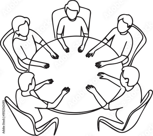 Business Team Meeting Around Round Table Line Art Illustration