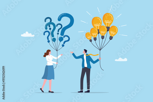 Asking question and answer help solving problem, solution or information discussion, Q and A support, query and reply, businesswoman hold question mark and man hold lightbulb as answer or resolution.